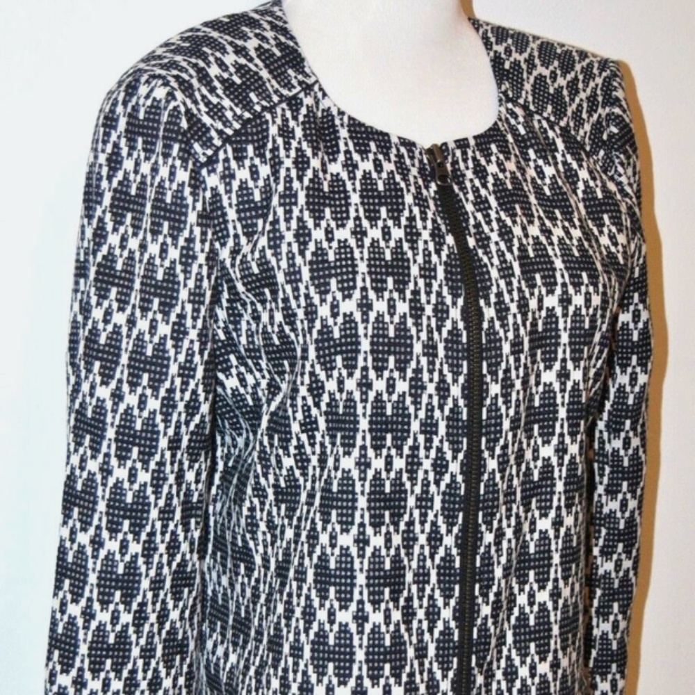J Crew Navy and White Jacquard Motorcycle Blazer - Medium